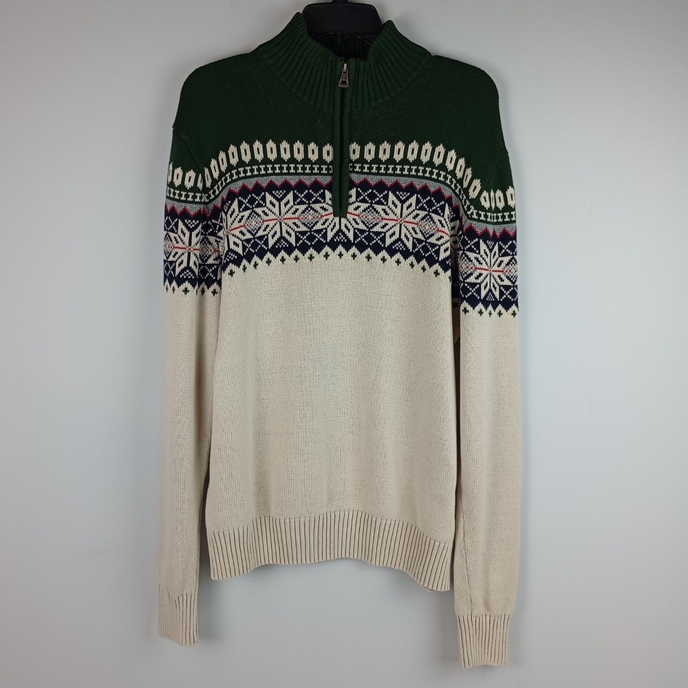 Weatherproof Vintage Mens M Green Fair Isle 1/4 Zip Cotton Holiday Sweater